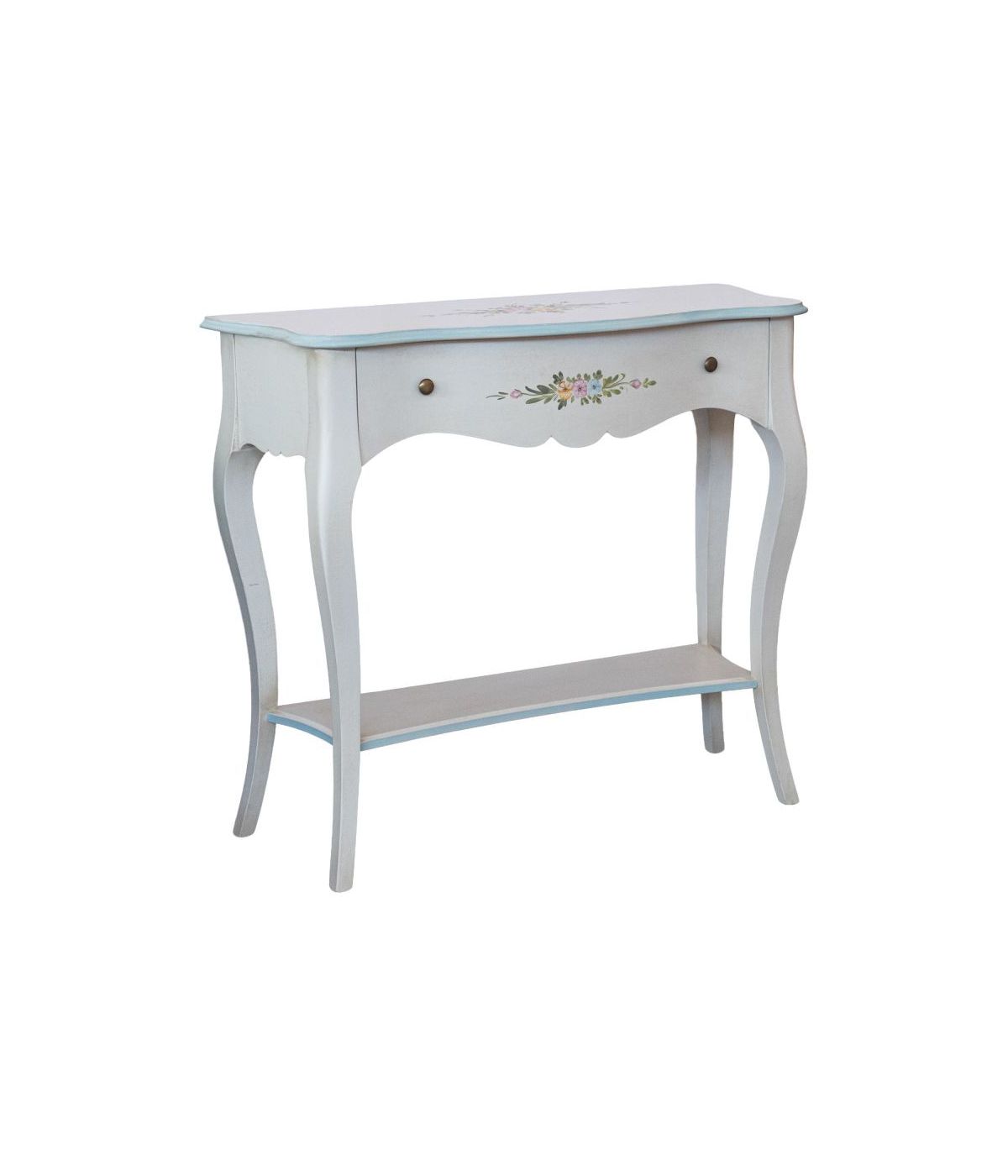 Consolle 1 cassetto legno shabby bianco anticato decorato azzurro 100X40x87