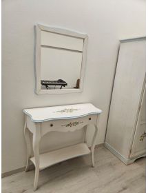 Consolle con specchio legno shabby bianco anticato decorato azzurro 100X40