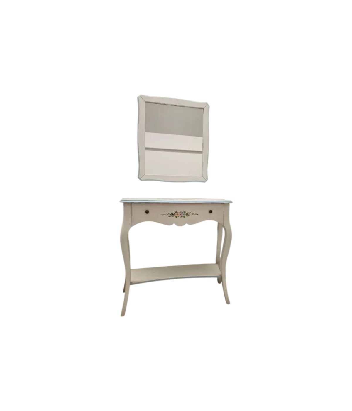 Consolle con specchio legno shabby bianco anticato decorato azzurro 100X40