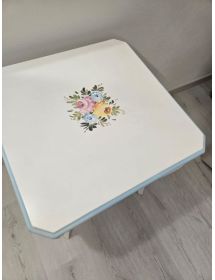 Tavolino shabby legno bianco anticato filo azzurro decoro 50x50x63