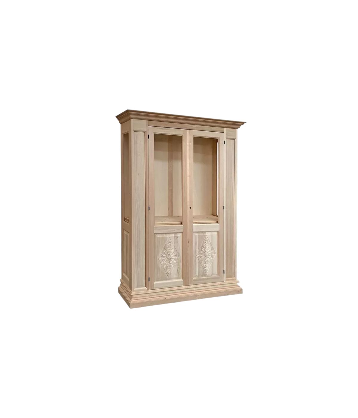 Vetrina classica 2 ante legno grezzo intagliata margherita L.155 P.48 H.215
