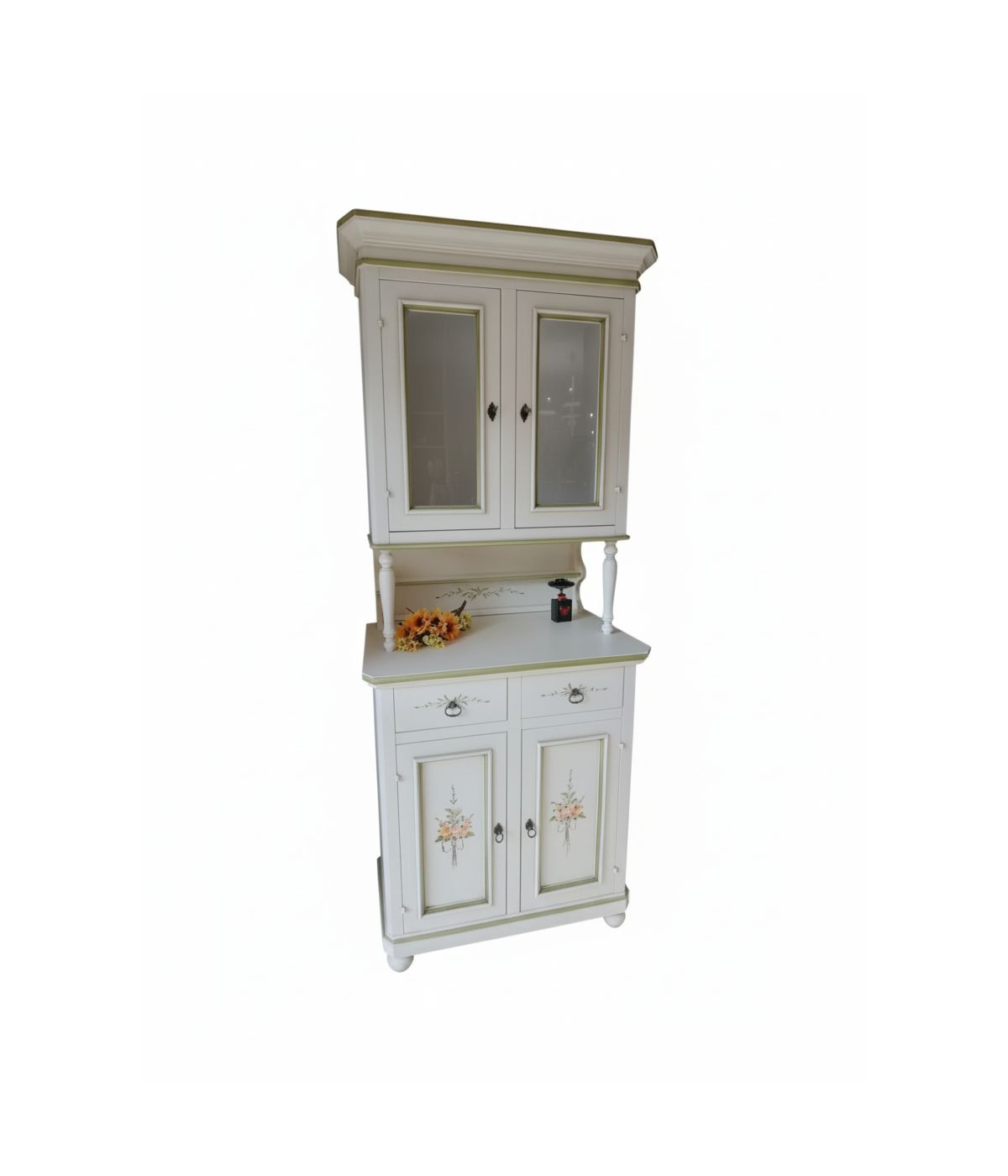 Cristalliera 2 ante legno shabby bianco decorato filo verde 82x43x205