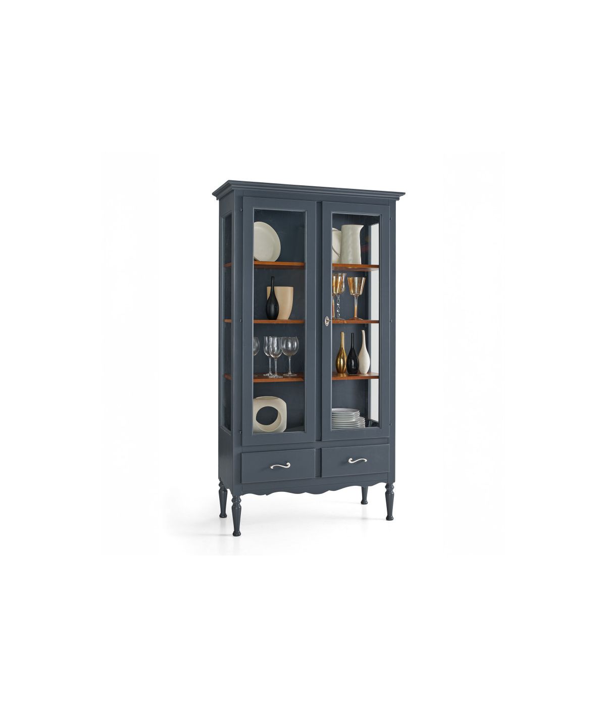 Vetrina 2 porte 2 cassetti shabby legno grigio e noce 102x42x191 (952)