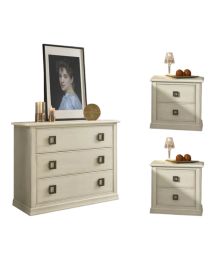 Gruppo 1 Cassettiera 2 Comodini legno arte povera bianco invecchiato