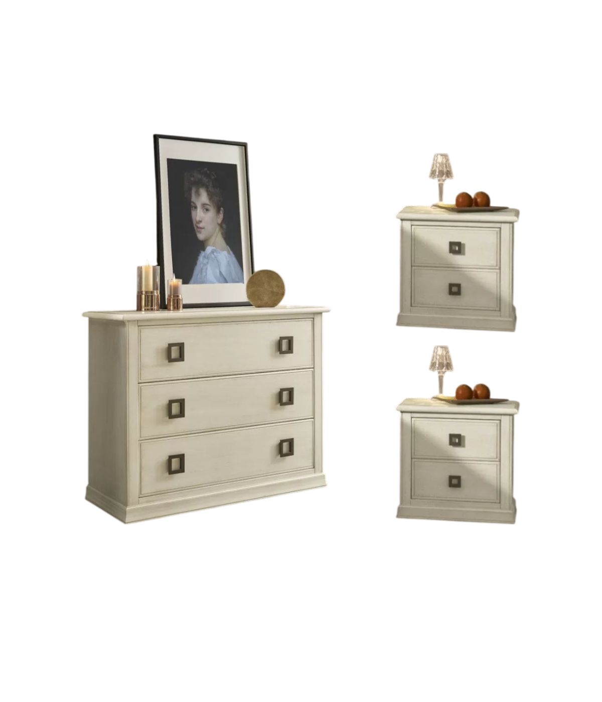 Gruppo 1 Cassettiera 2 Comodini legno arte povera bianco invecchiato