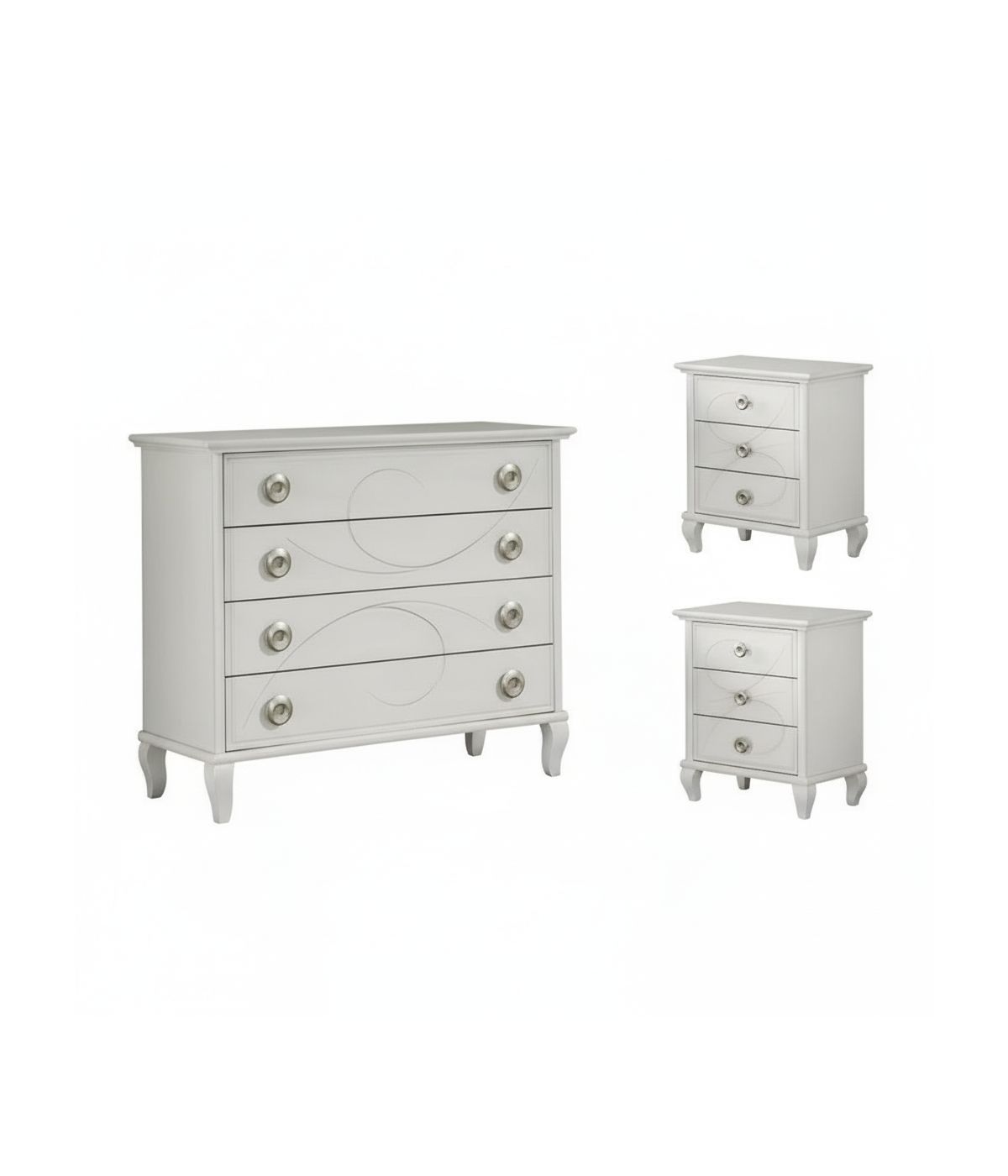 Gruppo 1 Cassettiera 2 Comodini classico legno bianco incisioni