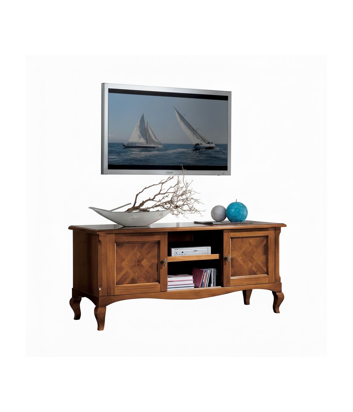 Porta tv classico 2 porte legno bassano intarsio 146x50x65