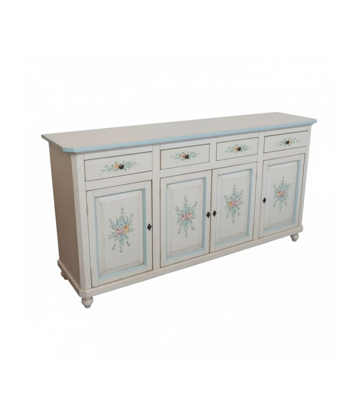Madia credenza 4 porte legno bianco invecchiato decori azzurri 196X43X98