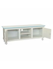 Porta tv in legno 2 ante shabby bianco invecchiato decoro filo azzurro 150X43X56