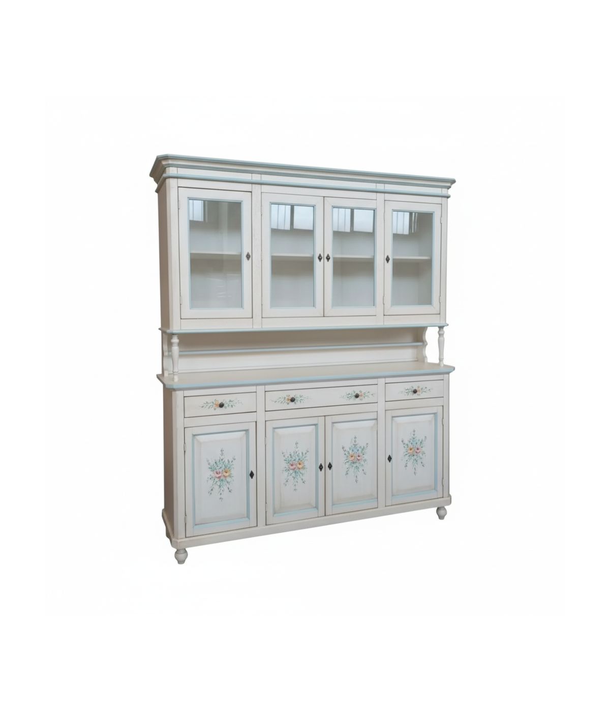 Cristalliera 4 porte legno shabby bianco anticato decori filo azzurro 198X43X210