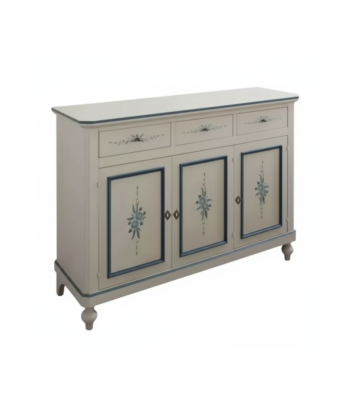 Madia credenza 3 porte bianco invecchiato decori blu 150x43x98