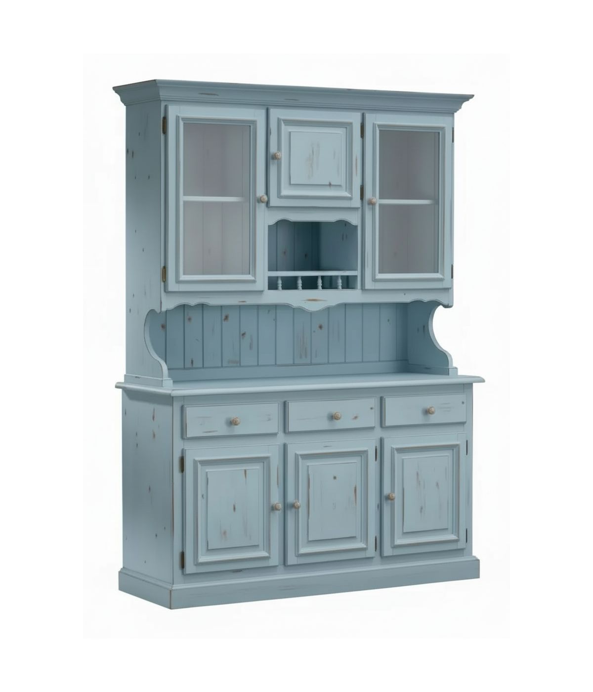 CRISTALLIERA 3 PORTE IN PINO MASSELLO COUNTRY AZZURRO CONSUMATO L.147 P.43 H.204