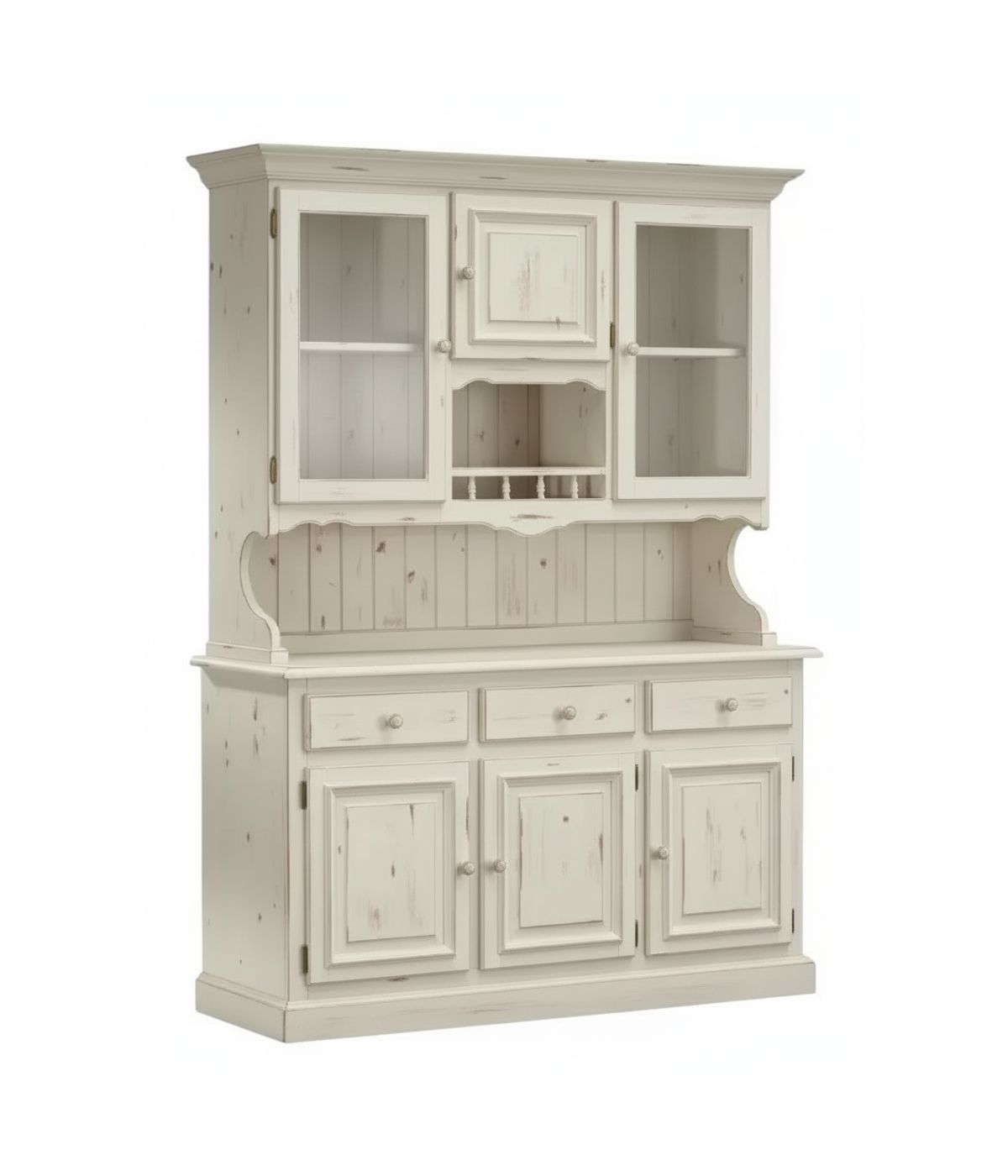 CRISTALLIERA 3 PORTE IN PINO MASSELLO COUNTRY BIANCO CONSUMATO L.147 P.43 H.204