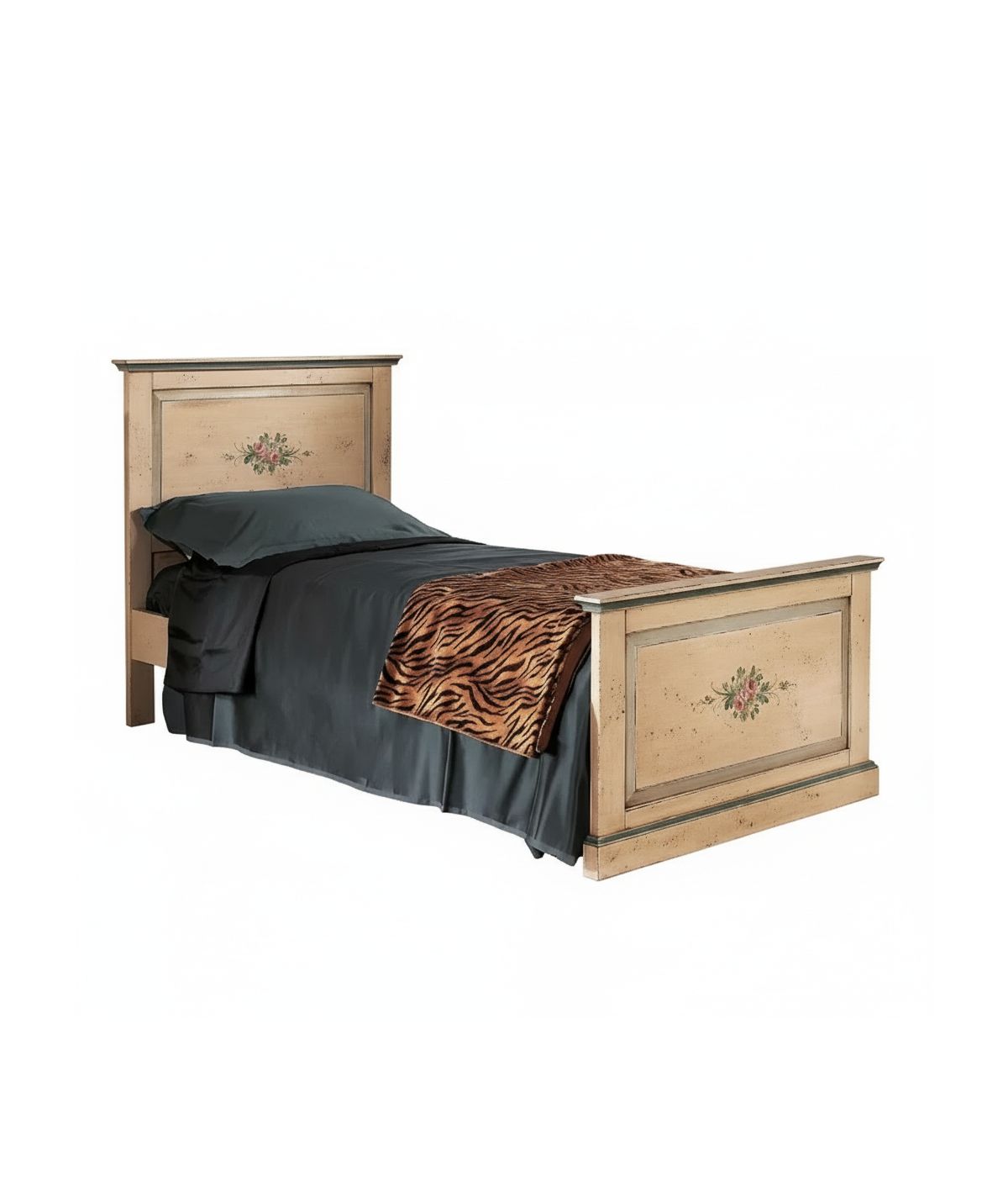 MOBILI 2G - LETTO  DRITTO SINGOLO AVORIO ANTICO FILO AZZURRO IN LEGNO