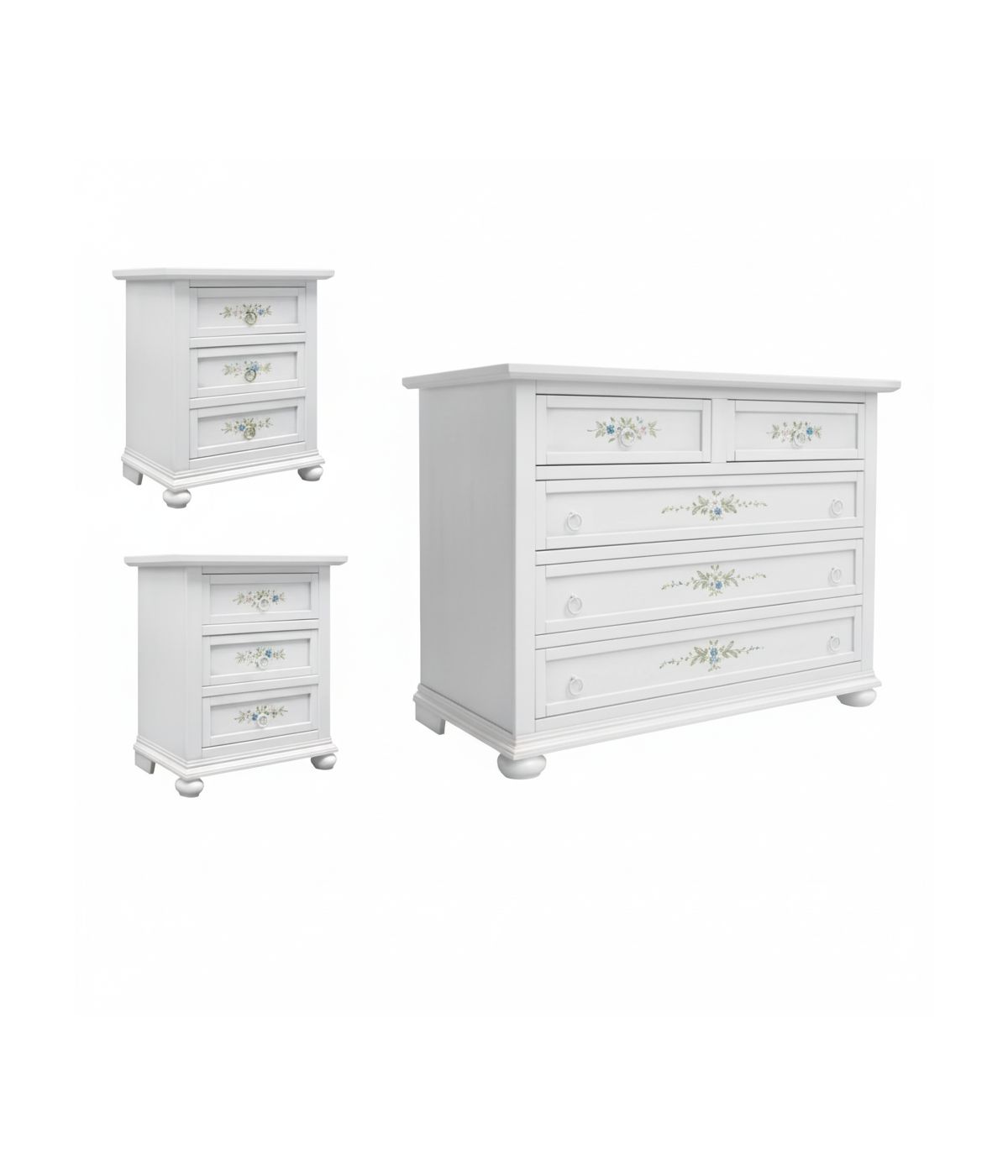 GRUPPO COMO' 2 COMODINI ARTE POVERA LEGNO BIANCO CON DECORI