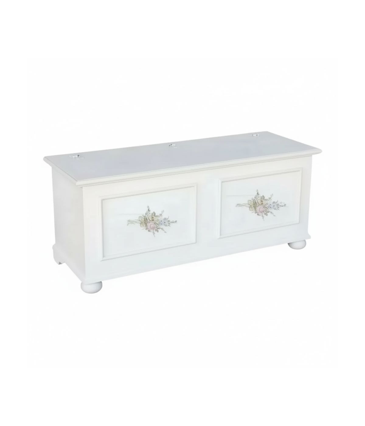 Cassapanca in legno shabby bianco con decoro 116,5X40,5X46