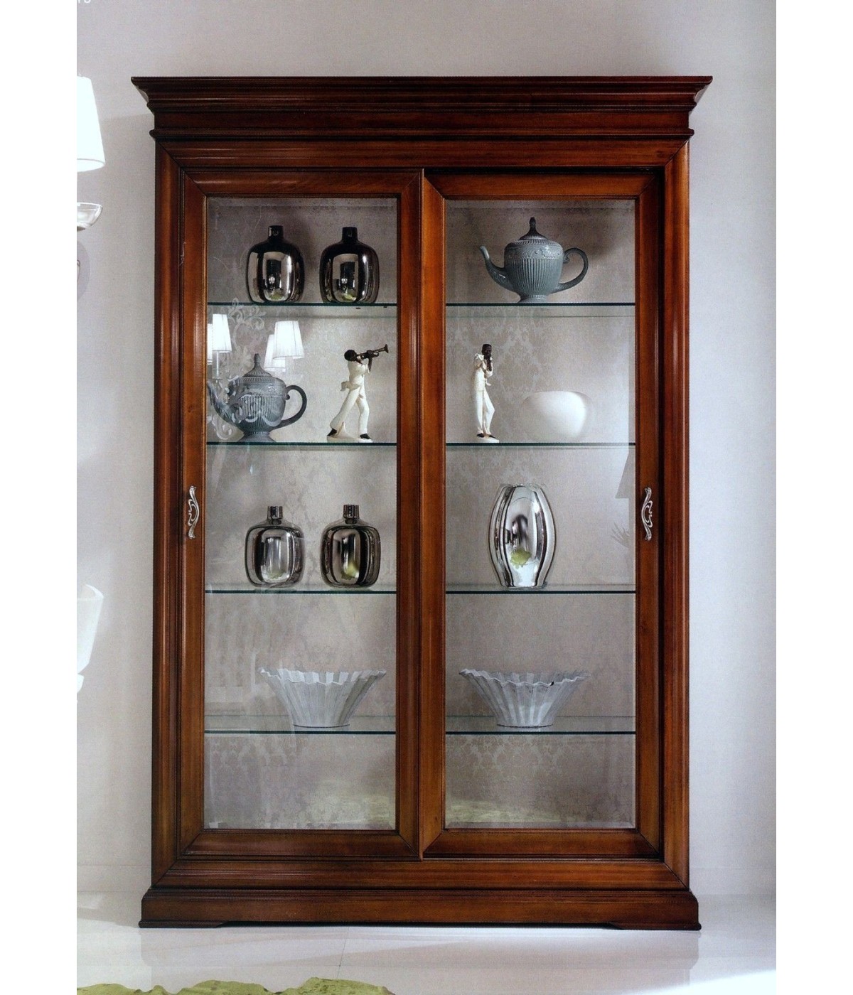 MOBILI 2G - VETRINA 2 PORTE SCORREVOLI IN LEGNO TINTA NOCE L.145 x P.50 H.215