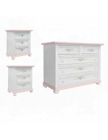 Gruppo cassettiera 2 comodini legno bianco filo rosa decori