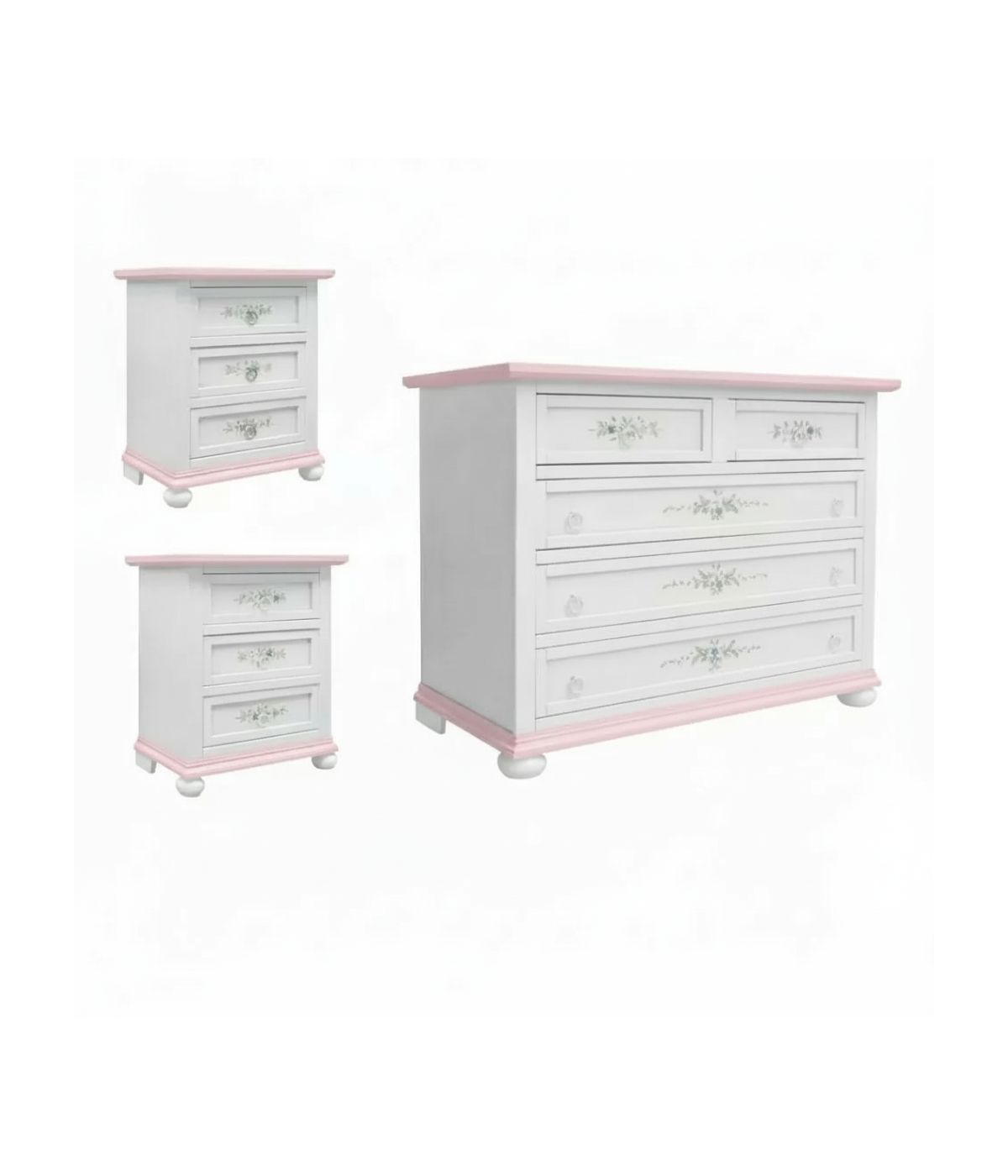 Gruppo cassettiera 2 comodini legno bianco filo rosa decori