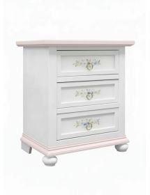 Gruppo cassettiera 2 comodini legno bianco filo rosa decori