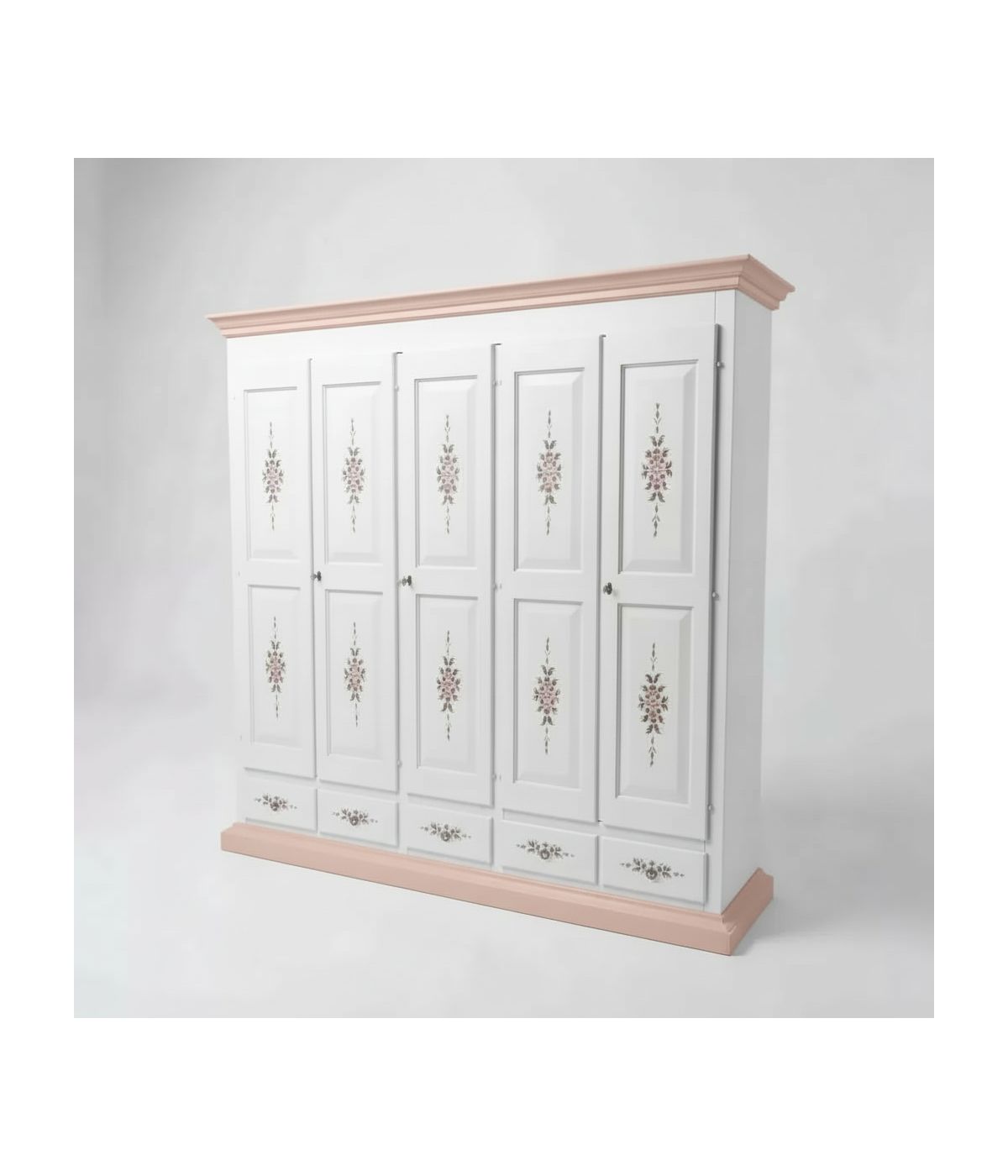 Armadio shabby 5 porte legno bianco filo rosa decori 254X61X240