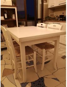 Set tavolo rettangolare shabby bianco anticato 100x70 120x80 140x80 160x85 allungabile con 4/6 sedie seduta paglia
