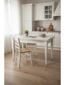 Set tavolo rettangolare shabby bianco anticato 100x70 120x80 140x80 160x85 allungabile con 4/6 sedie seduta paglia