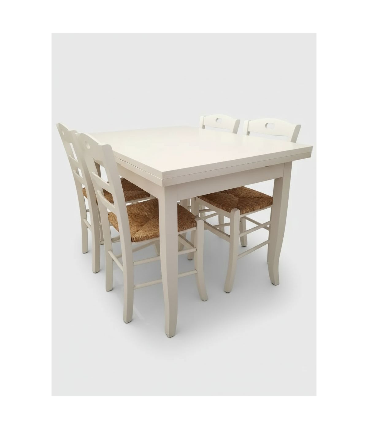 Set tavolo rettangolare shabby bianco anticato 120x80 130x85 140x80 160x85 allungabile con 4/6 sedie seduta paglia