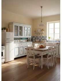 Cristalliera 4 porte legno shabby bianco anticato decori filo blu 198X43X210