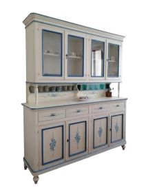 Cristalliera 4 porte legno shabby bianco anticato decori filo blu 198X43X210