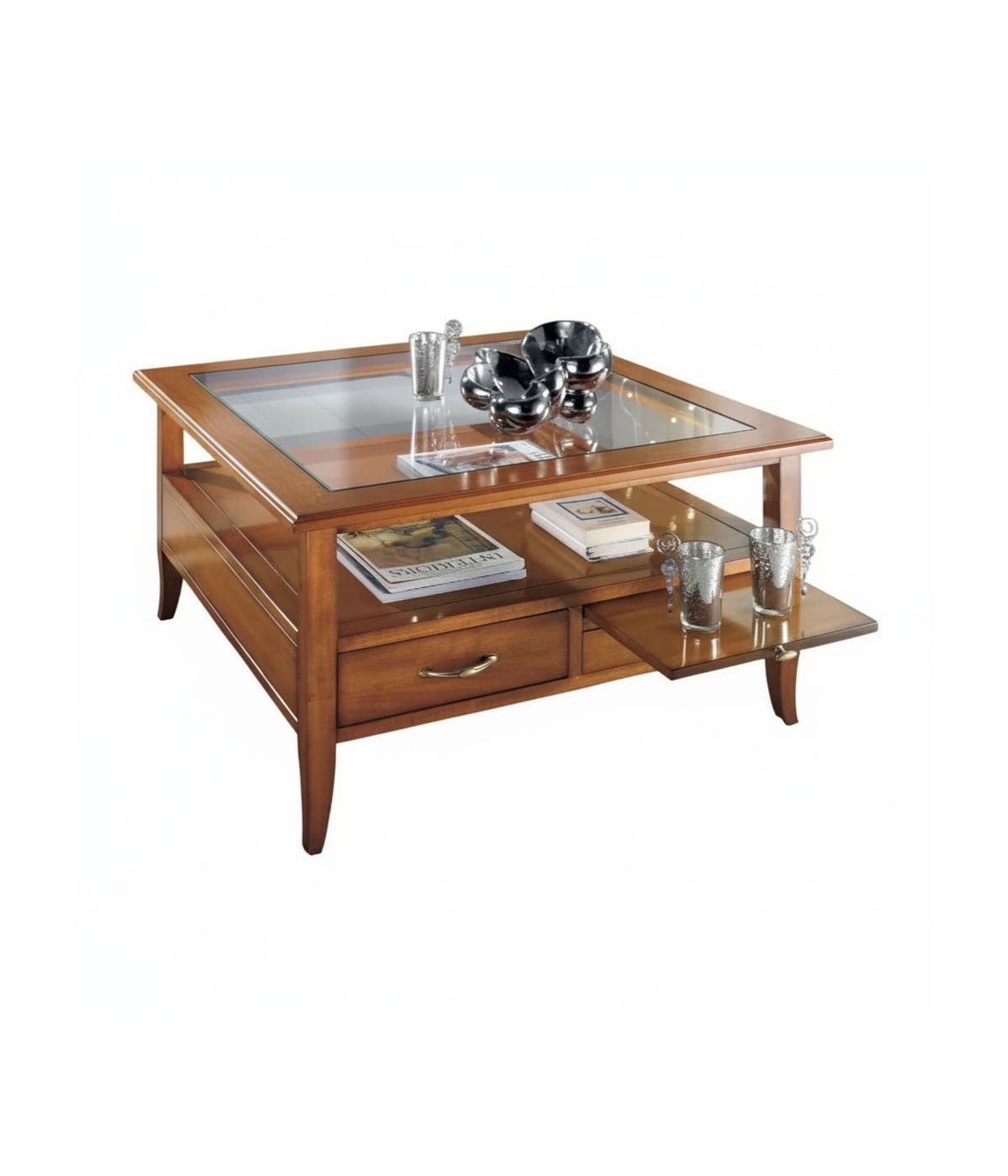 Tavolino quadrato classico 2 cassetti 2 tiretti legno noce bassano 90X90x48