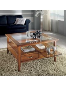 Tavolino quadrato classico 2 cassetti 2 tiretti legno noce bassano 90X90x48