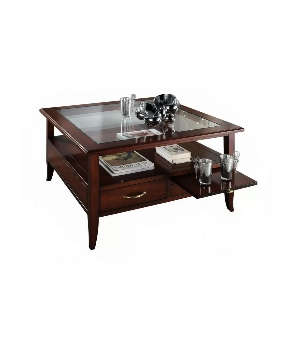 Tavolino quadrato classico 2 cassetti 2 tiretti legno noce  90X90x48