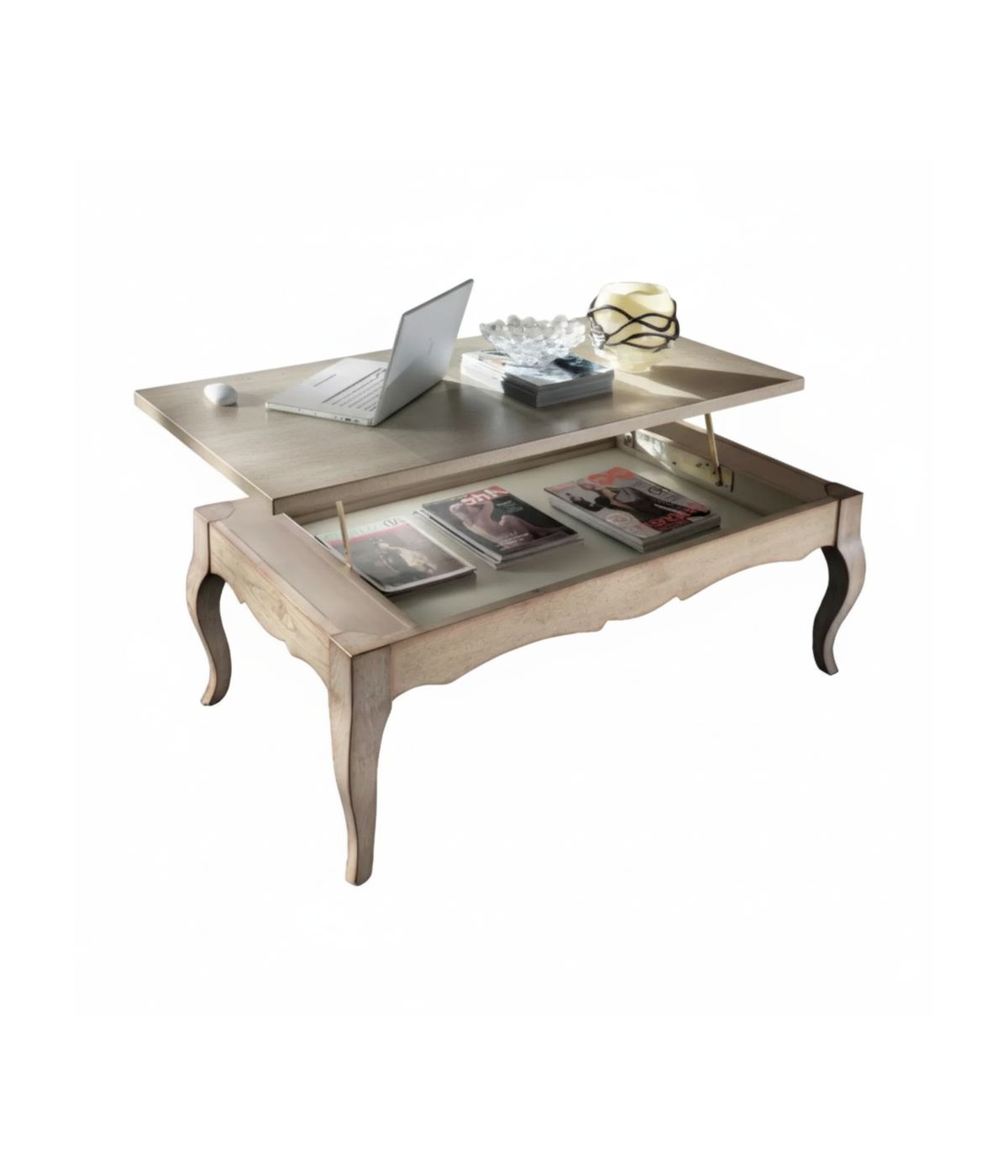 TAVOLINO PIANO RIALZABILE LEGNO SHABBY BIANCO INVECCHIATO 130X70x48