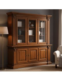 Cristalliera 3 porte classica intagliata legno tinta noce 200x50x224