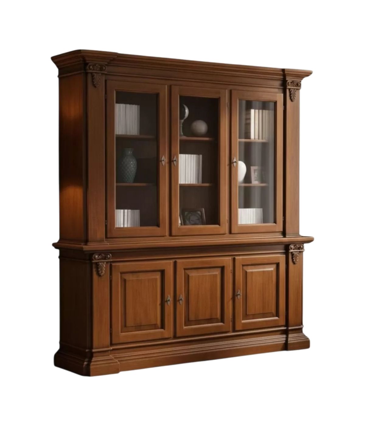 Cristalliera 3 porte classica intagliata legno tinta noce 200x50x224