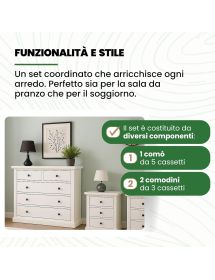 Gruppo notte in legno laccato bianco opaco con comò a 5 cassetti e 2 comodini a 3 cassetti – 1364
