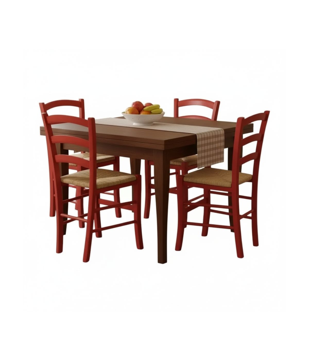 Set tavolo quadrato a libro noce 90x90 100x100 allungabile con 4 sedie rosse