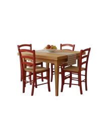 Set tavolo quadrato a libro noce chiaro 90x90 100x100 allungabile con 4 sedie rosse