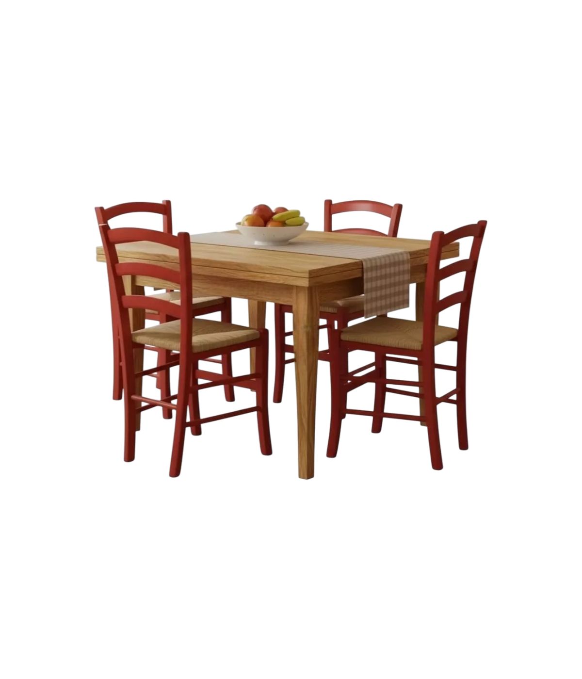 Set tavolo quadrato a libro noce chiaro 90x90 100x100 allungabile con 4 sedie rosse