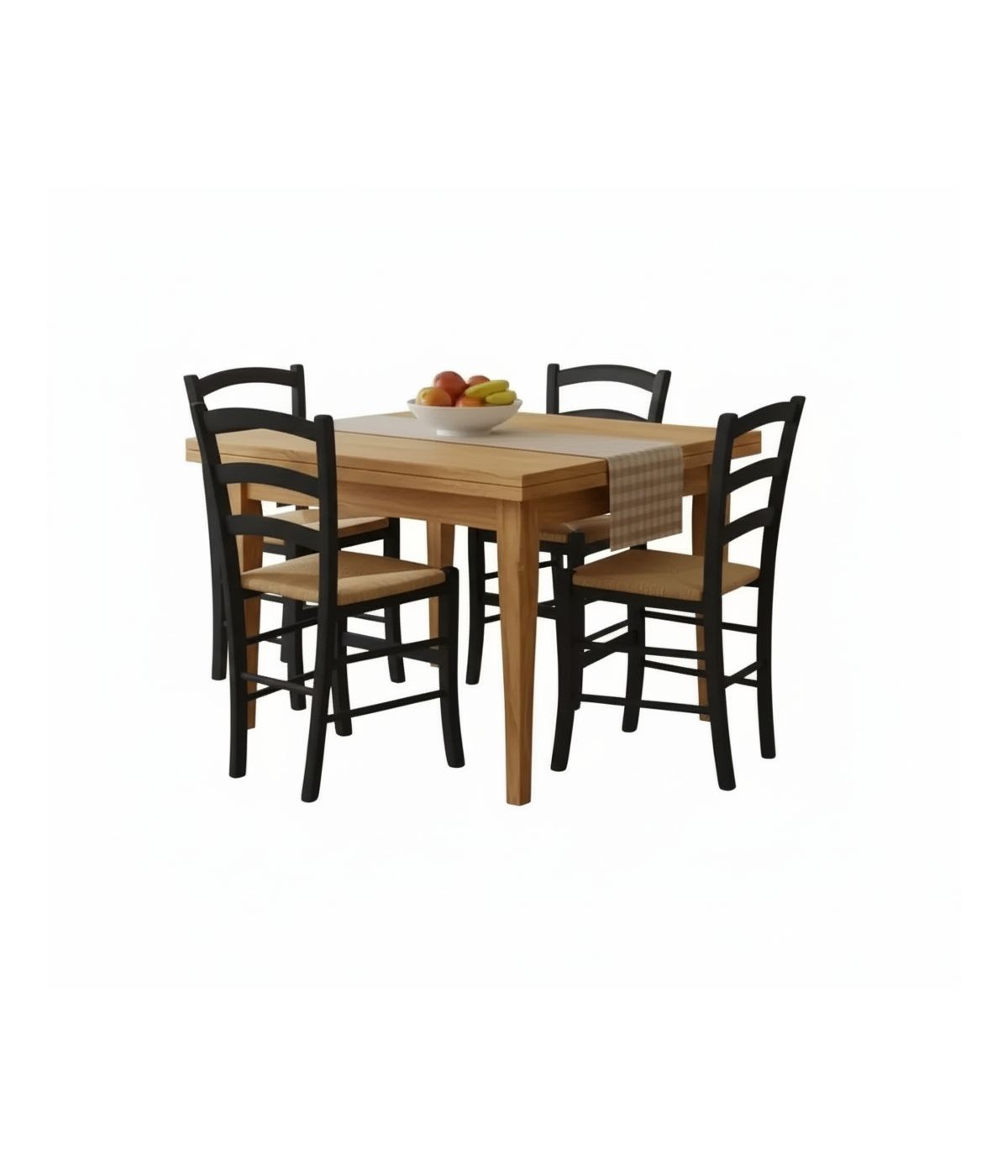 Set tavolo quadrato a libro noce chiaro 90x90 100x100 allungabile con 4 sedie nere