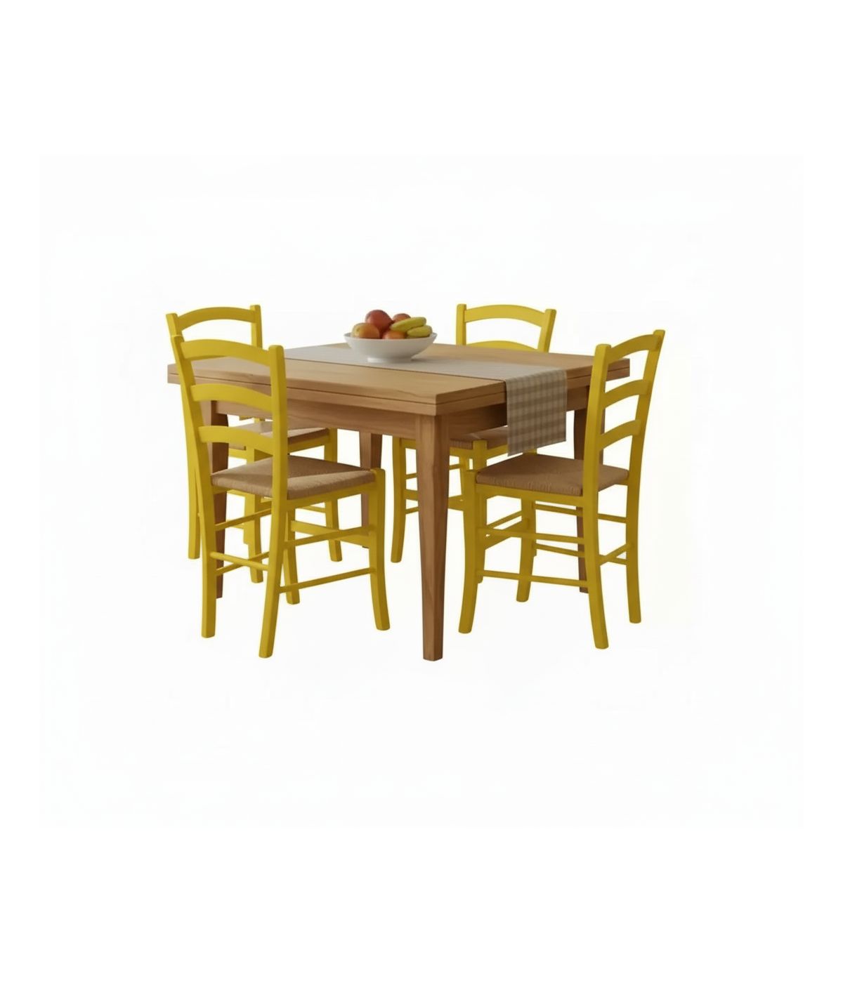 Set tavolo quadrato a libro noce chiaro 90x90 100x100 allungabile con 4 sedie gialle