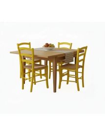 Set tavolo quadrato a libro noce chiaro 90x90 100x100 allungabile con 4 sedie gialle