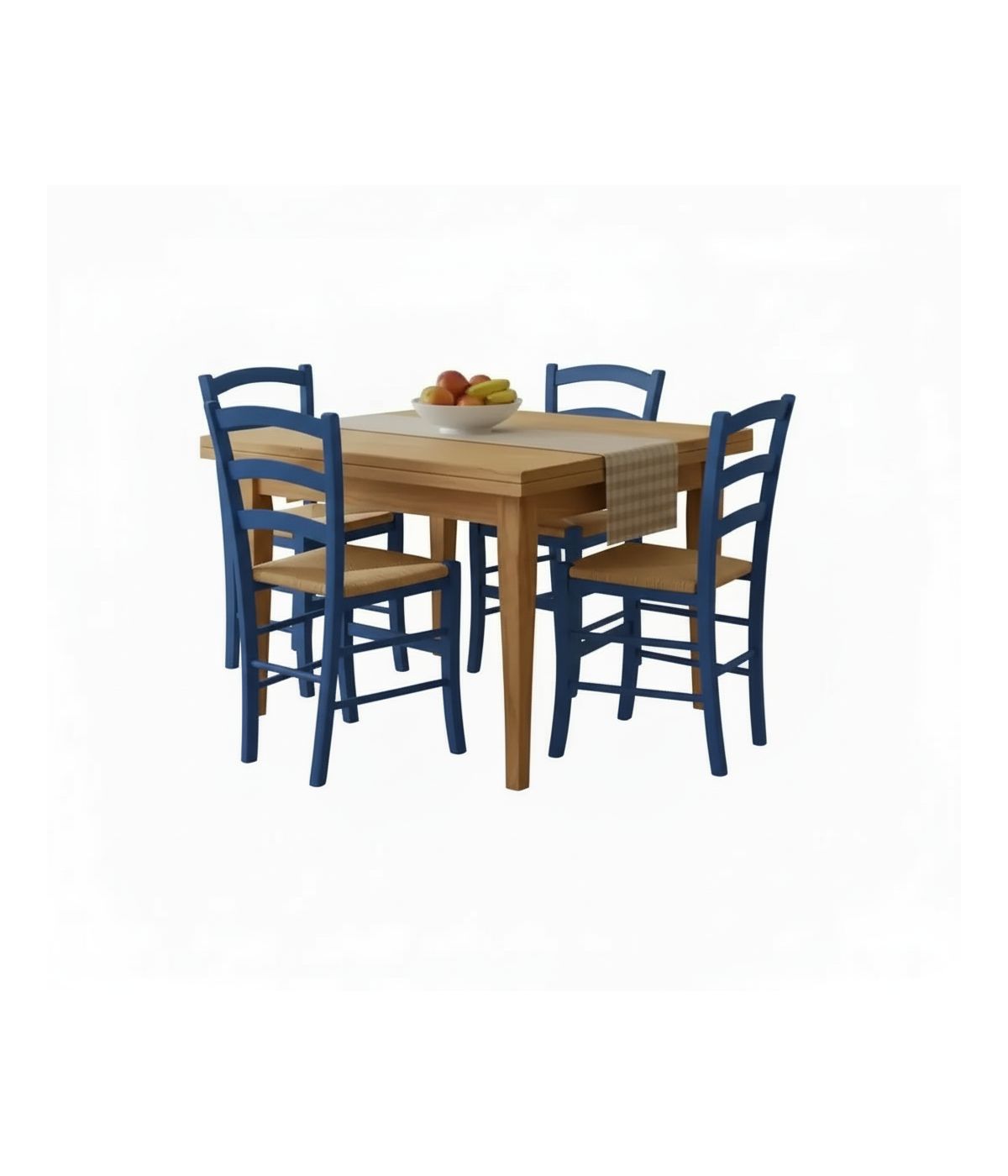 Set tavolo quadrato a libro noce chiaro 90x90 100x100 allungabile con 4 sedie azzurre