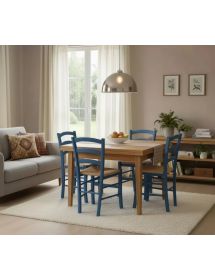 Set tavolo quadrato a libro noce chiaro 90x90 100x100 allungabile con 4 sedie azzurre