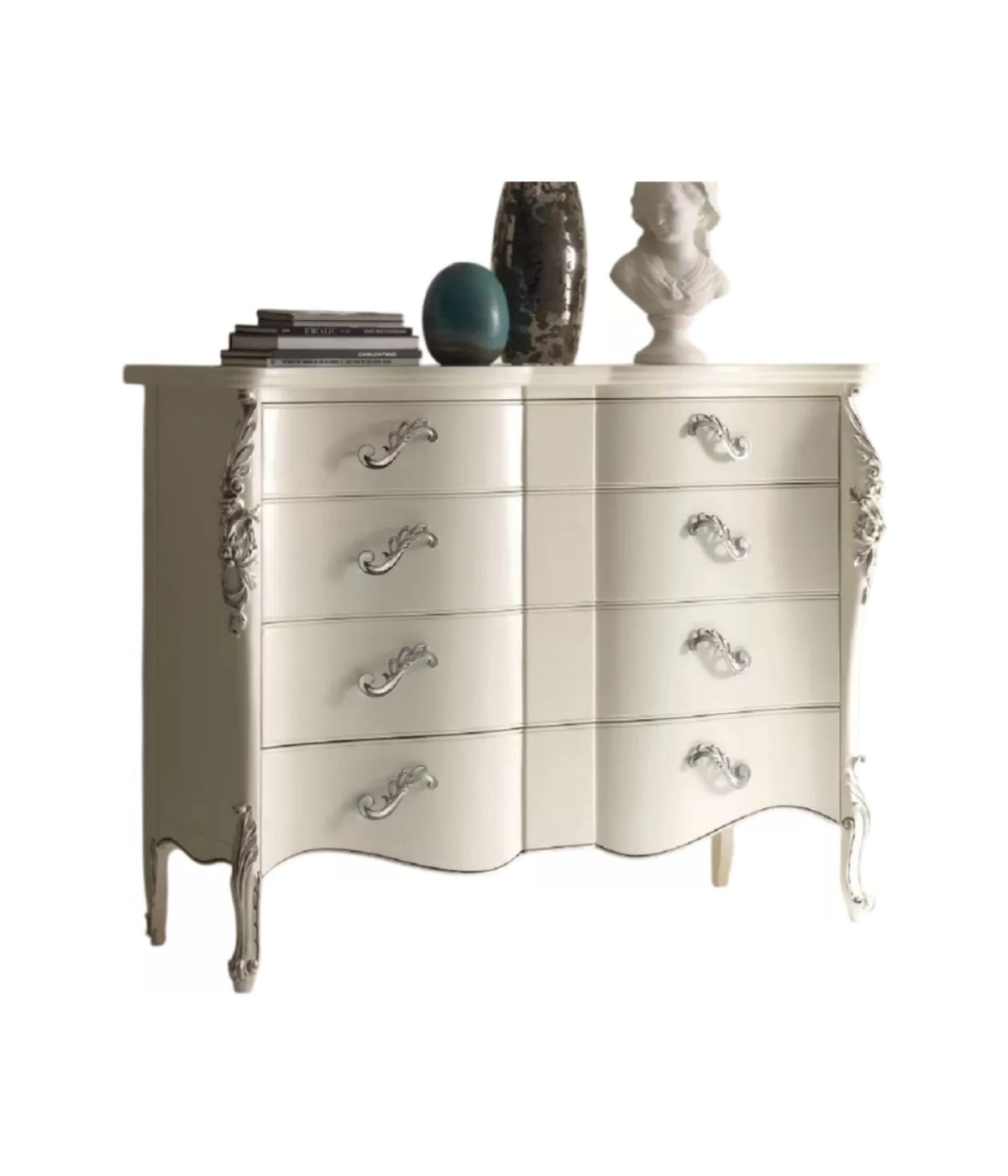 CASSETTIERA SAGOMATA 4 CASSETTI IN LEGNO BIANCO ARGENTO L.137 P.57 H.110