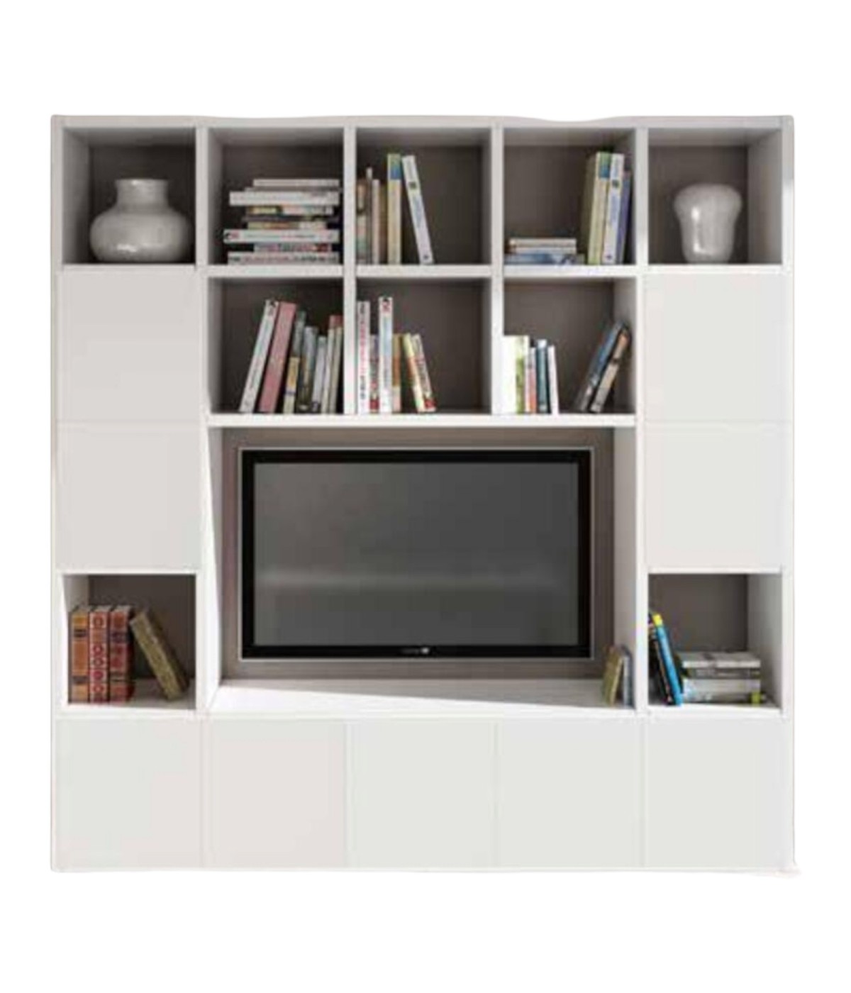 MOBILI 2G - Libreria moderna porta Tv bianco Soggiorno L218 P30 H218 vista frontale