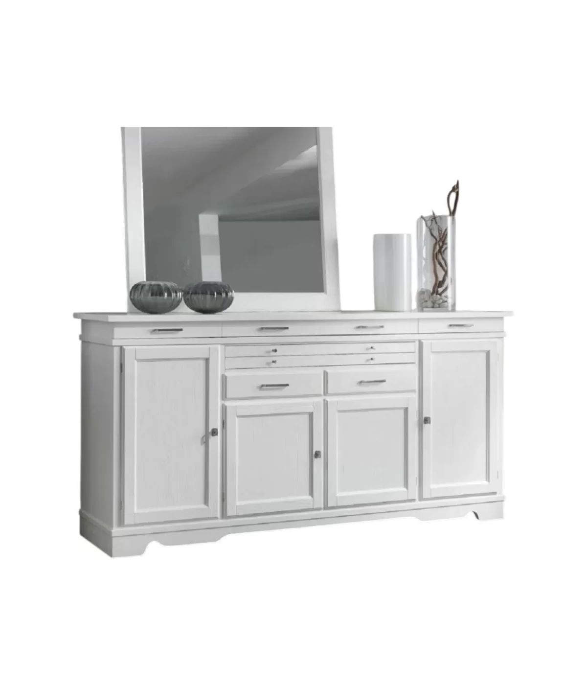 MADIA CREDENZA IN LEGNO MASSELLO 4 PORTE LACCATO BIANCO L.222 P.52 H.108