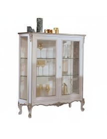 MOBILI 2G - Vetrina 2 porte classica legno shabby bianco argento 130X50x150 vista frontale