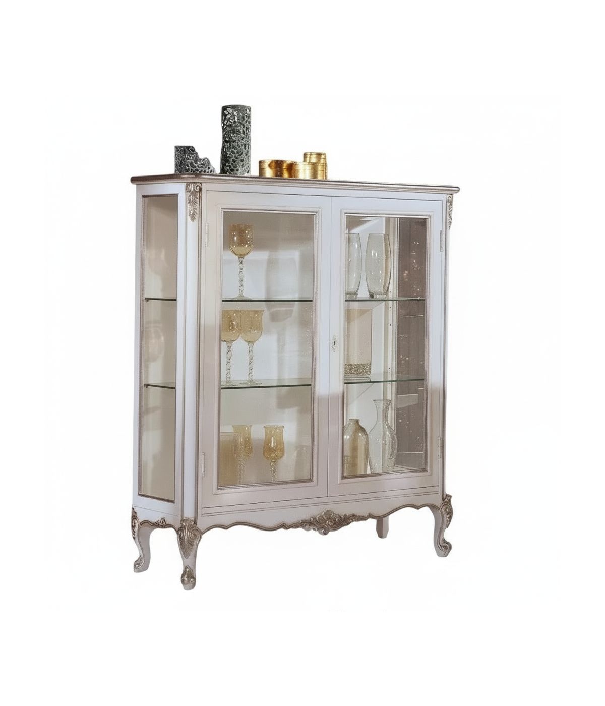 MOBILI 2G - Vetrina 2 porte classica legno shabby bianco argento 130X50x150 vista frontale